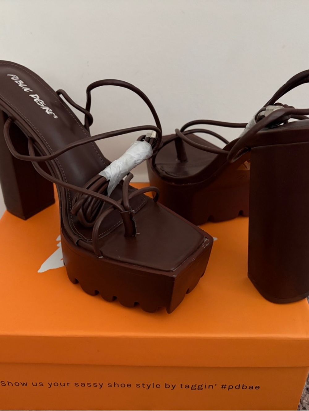 Public Desire Brown Platform Strappy Block Heel Sandals